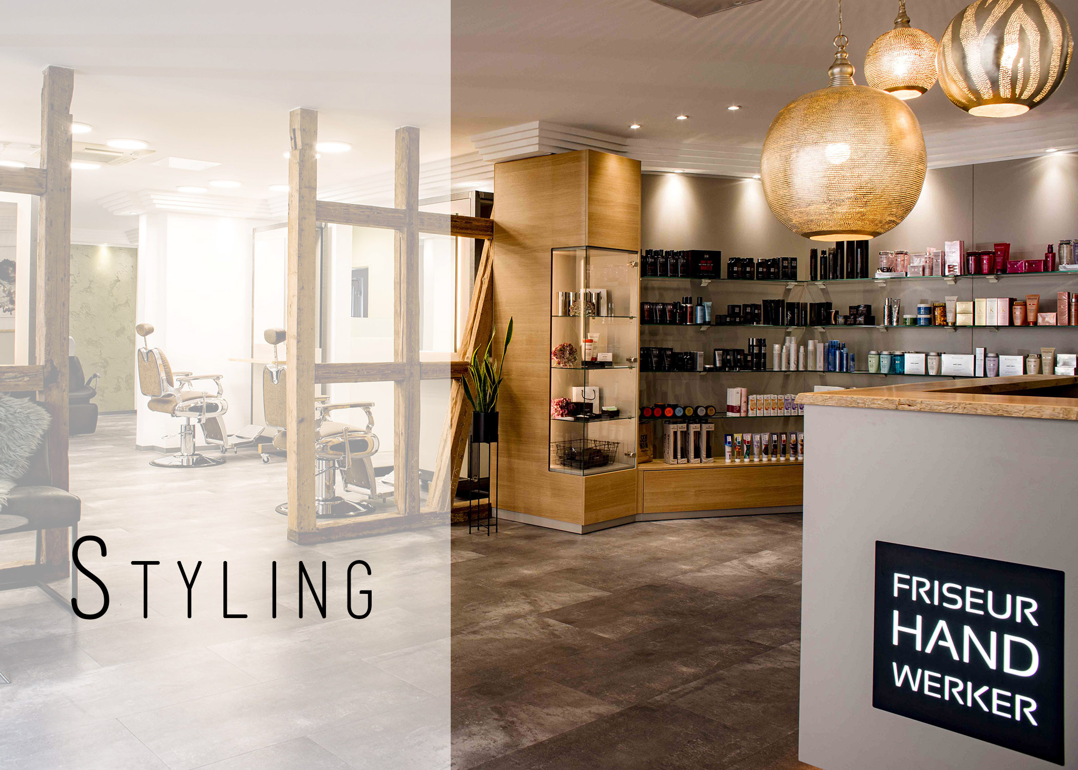 Innenbereich eines modernen Friseursalons, der stilvolle Gestaltung und professionelle Stylingfotografie von Fotostudio Reuther zeigt.