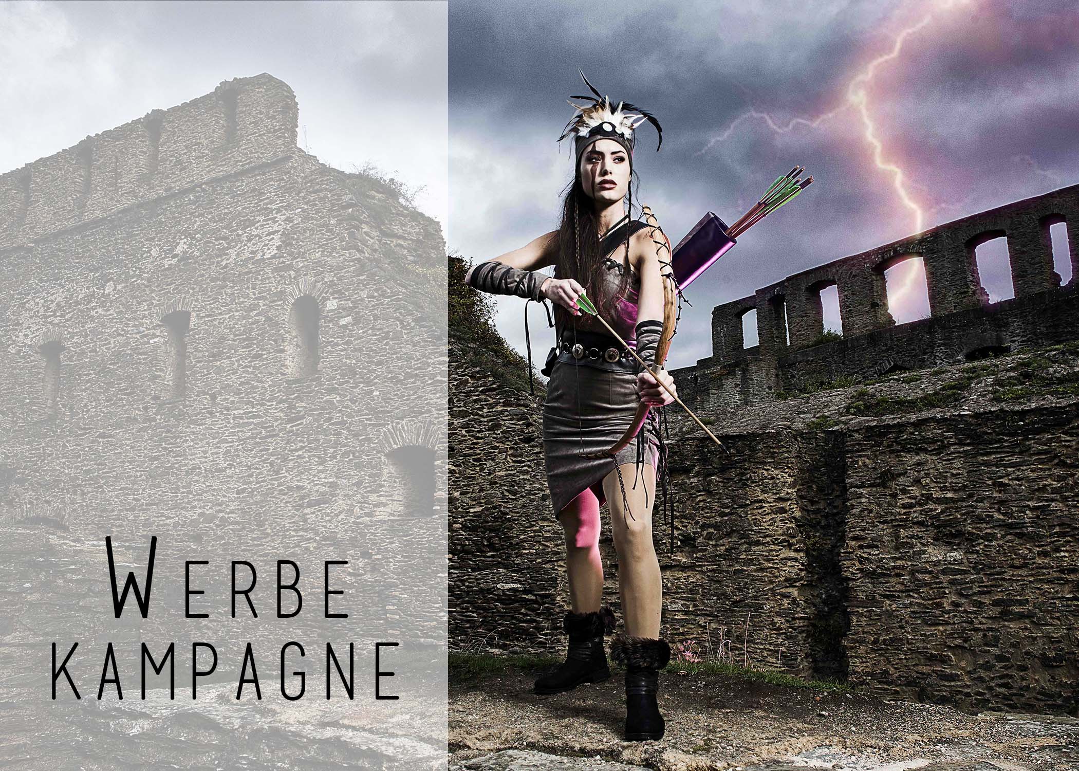 Kriegerin vor blitzendem Himmel, die kreative Werbekampagnenfotografie von Fotostudio Reuther repräsentiert.