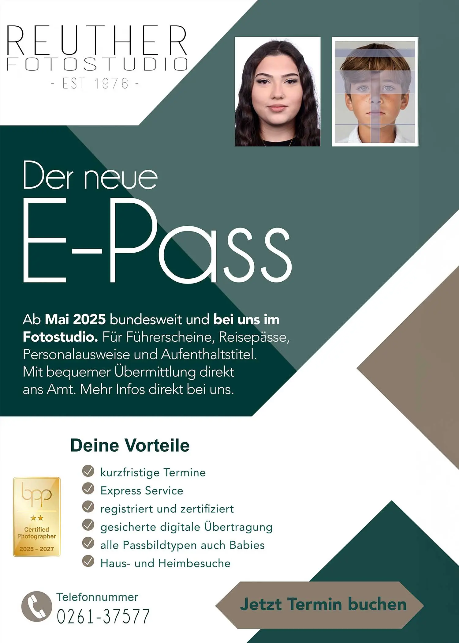 Passbilder für einen ePass, Reisepass oder PErsonalausweis im Fotostudio Reuther in Koblenz.